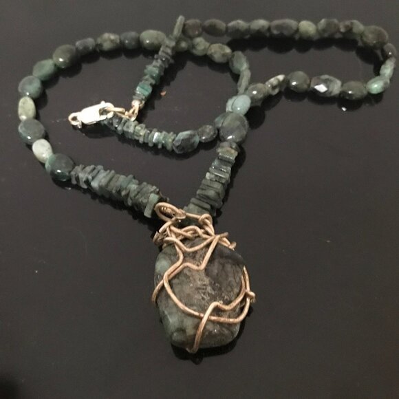 Genuine Emerald Gemstone Sterling Silver Necklace Pendant Wire Wrapped Natural - Picture 8 of 11